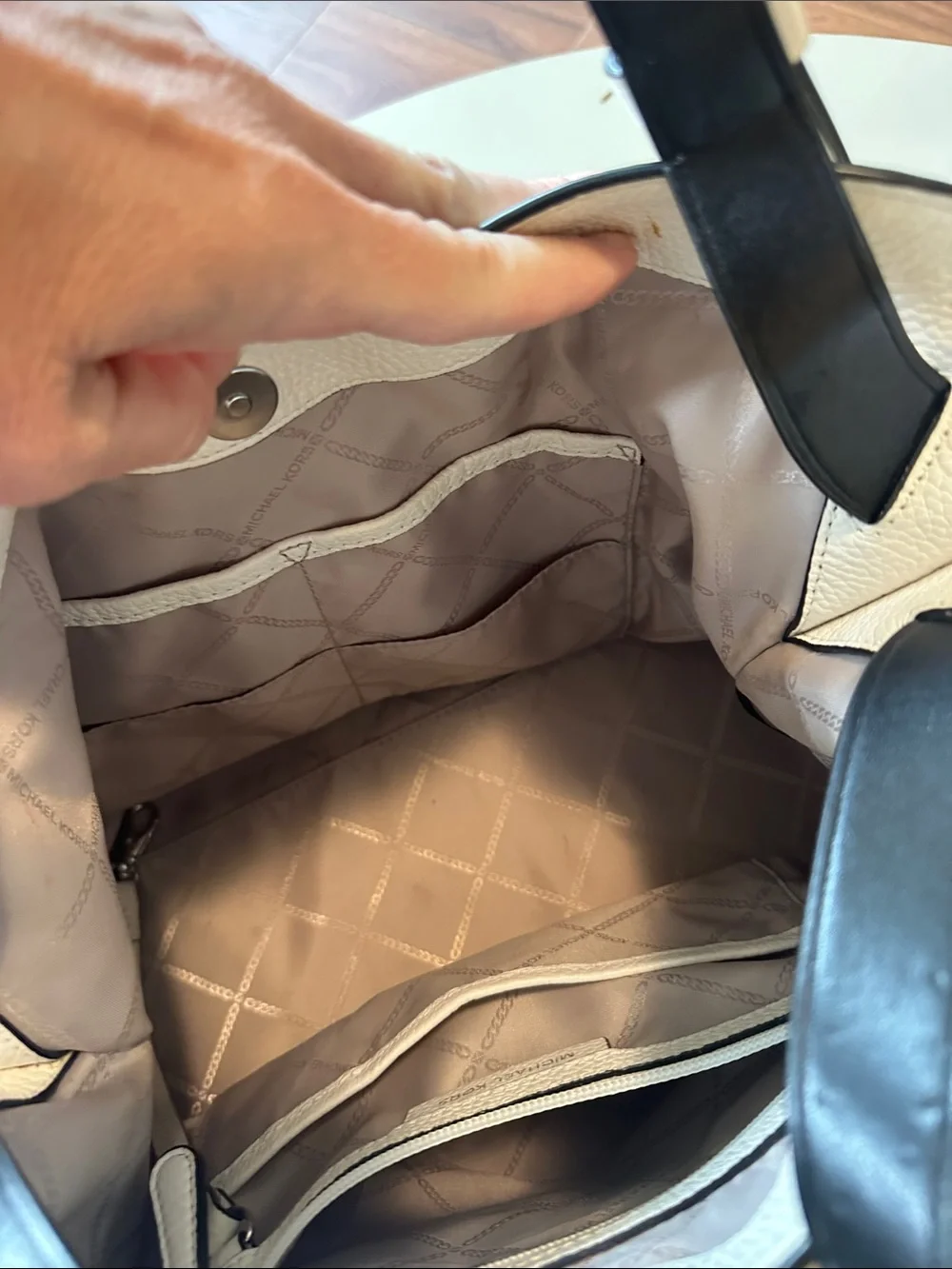 Michael Kors Cream Pebbled Leather Tote with Black Trim